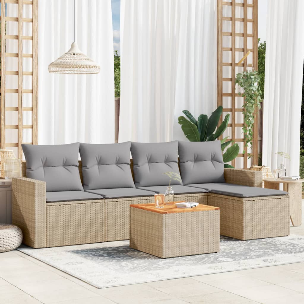 vidaXL 6-tlg. Garten-Sofagarnitur mit Kissen Beige Poly Rattan