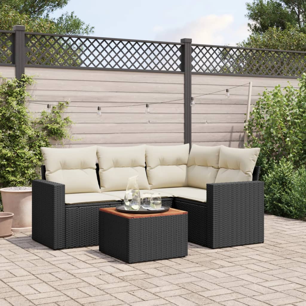 5-tlg. Garten-Sofagarnitur mit Kissen Schwarz Poly Rattan