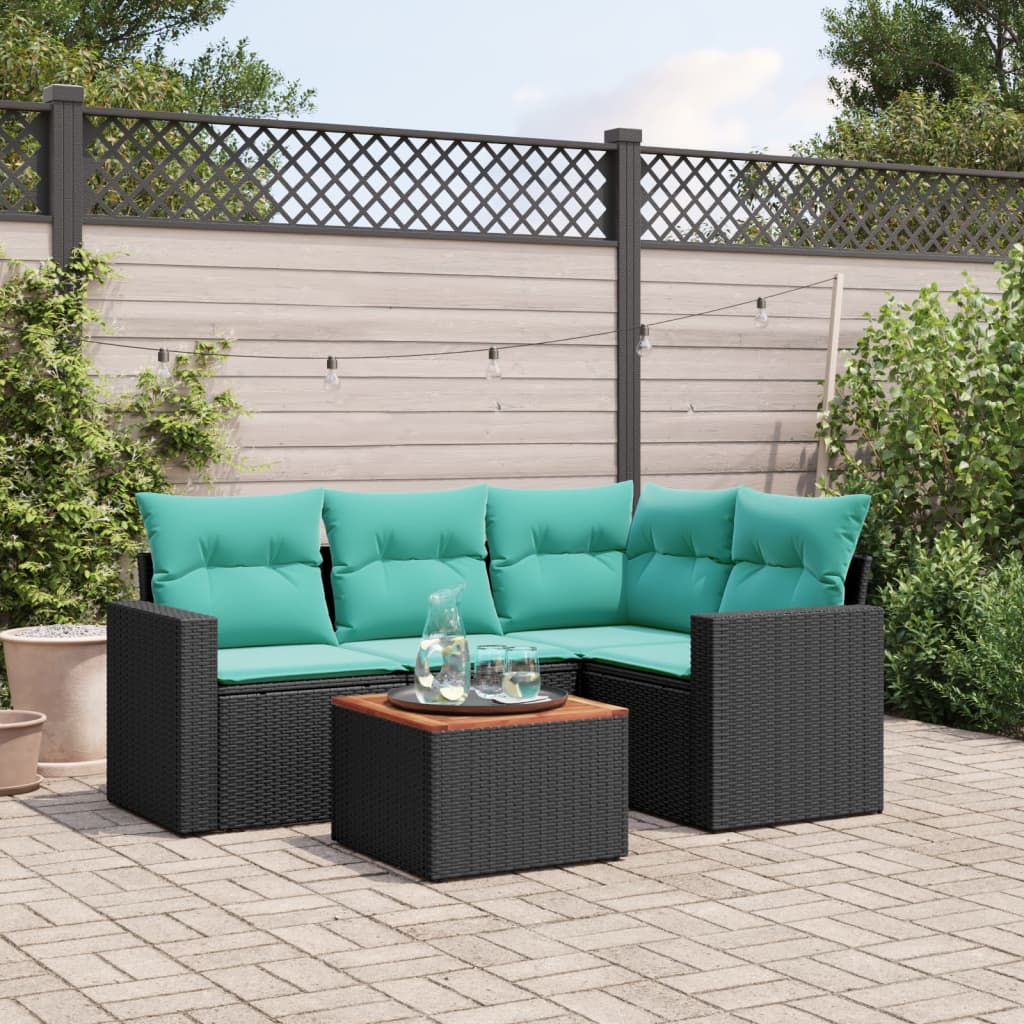 Sofasæt til haven i polyrattan - 5 dele med hynder, sort/blå