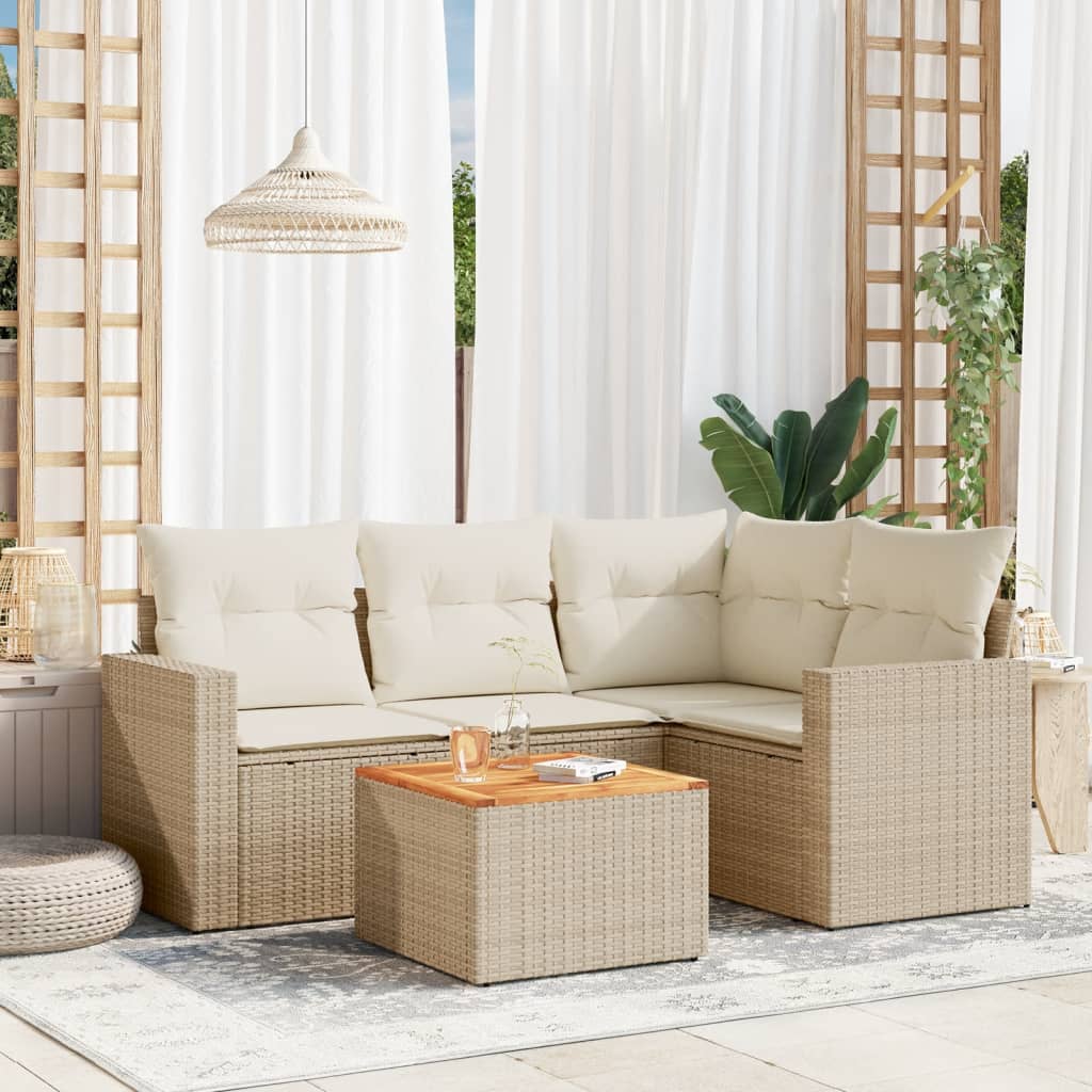 vidaXL 5-tlg. Garten-Sofagarnitur mit Kissen Beige Poly Rattan