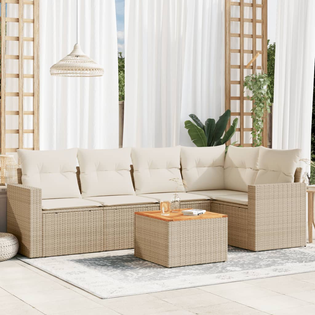 6-tlg. Garten-Sofagarnitur mit Kissen Beige Poly Rattan