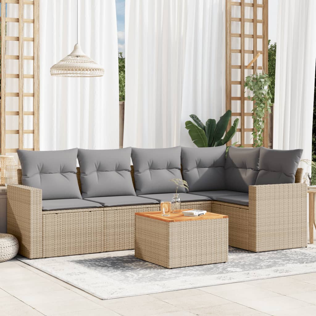 6-tlg. Garten-Sofagarnitur mit Kissen Beige Poly Rattan