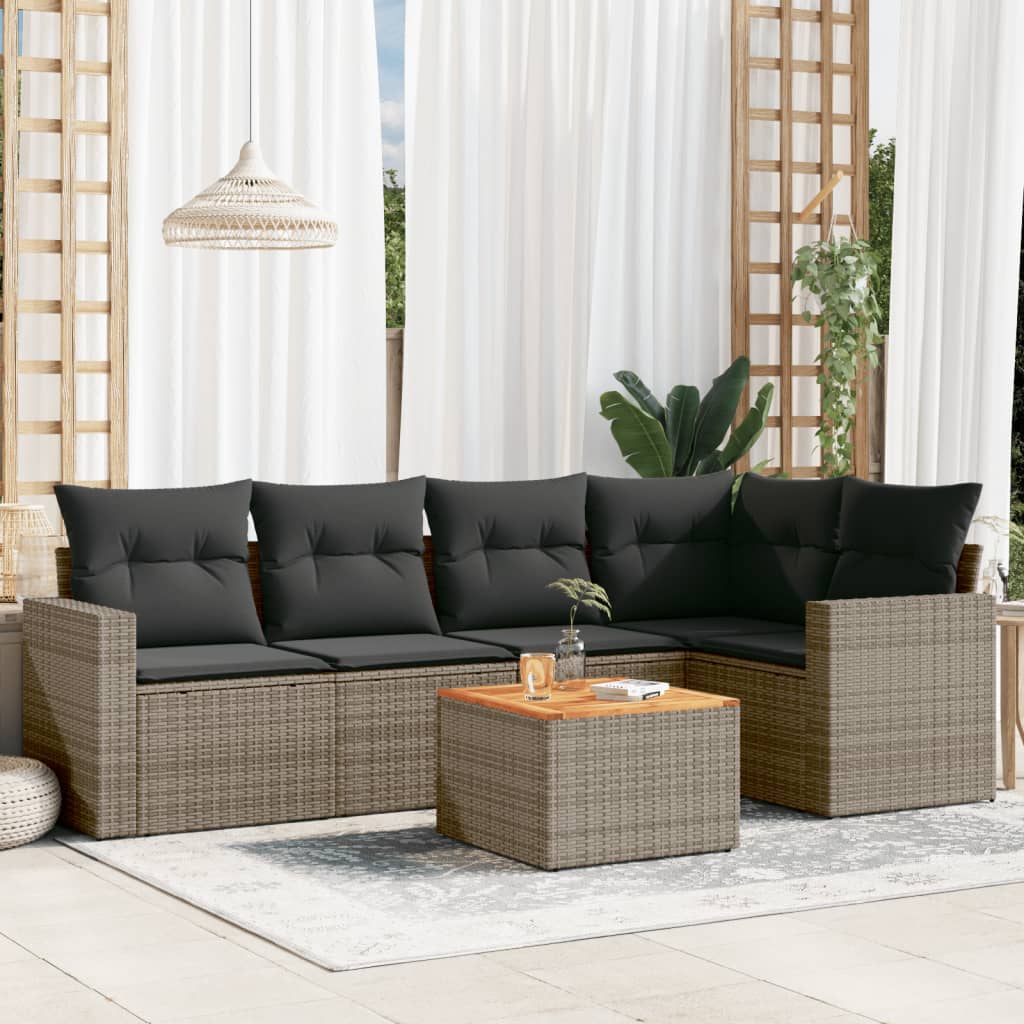 6-tlg. Garten-Sofagarnitur mit Kissen Grau Poly Rattan