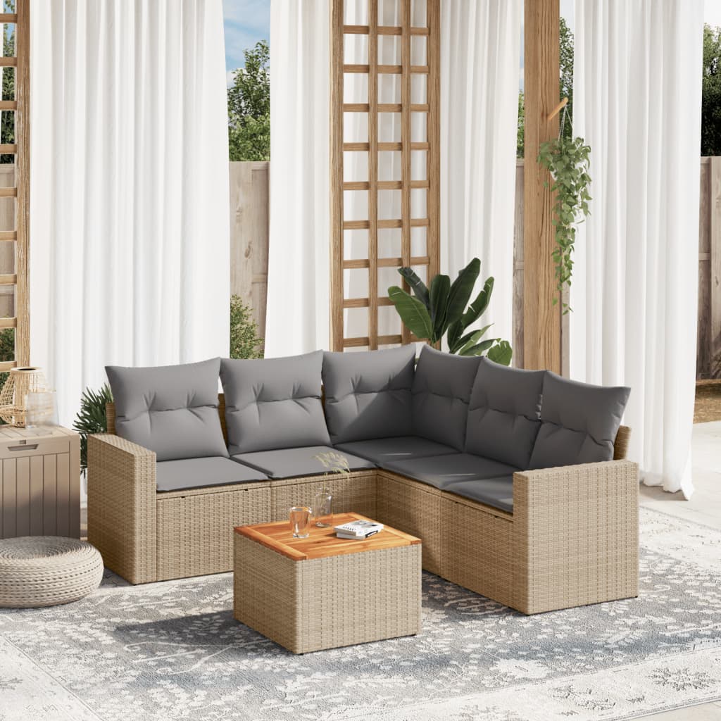 6-tlg. Garten-Sofagarnitur mit Kissen Beige Poly Rattan