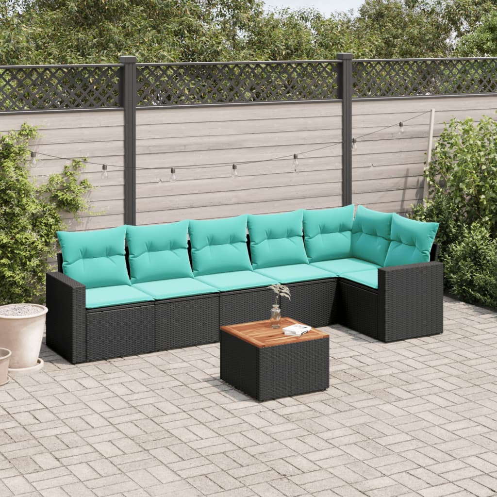 vidaXL 7-tlg. Garten-Sofagarnitur mit Kissen Schwarz Poly Rattan