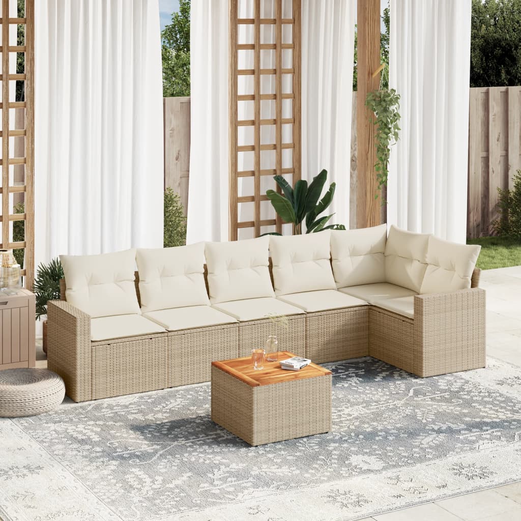 vidaXL 7-tlg. Garten-Sofagarnitur mit Kissen Beige Poly Rattan