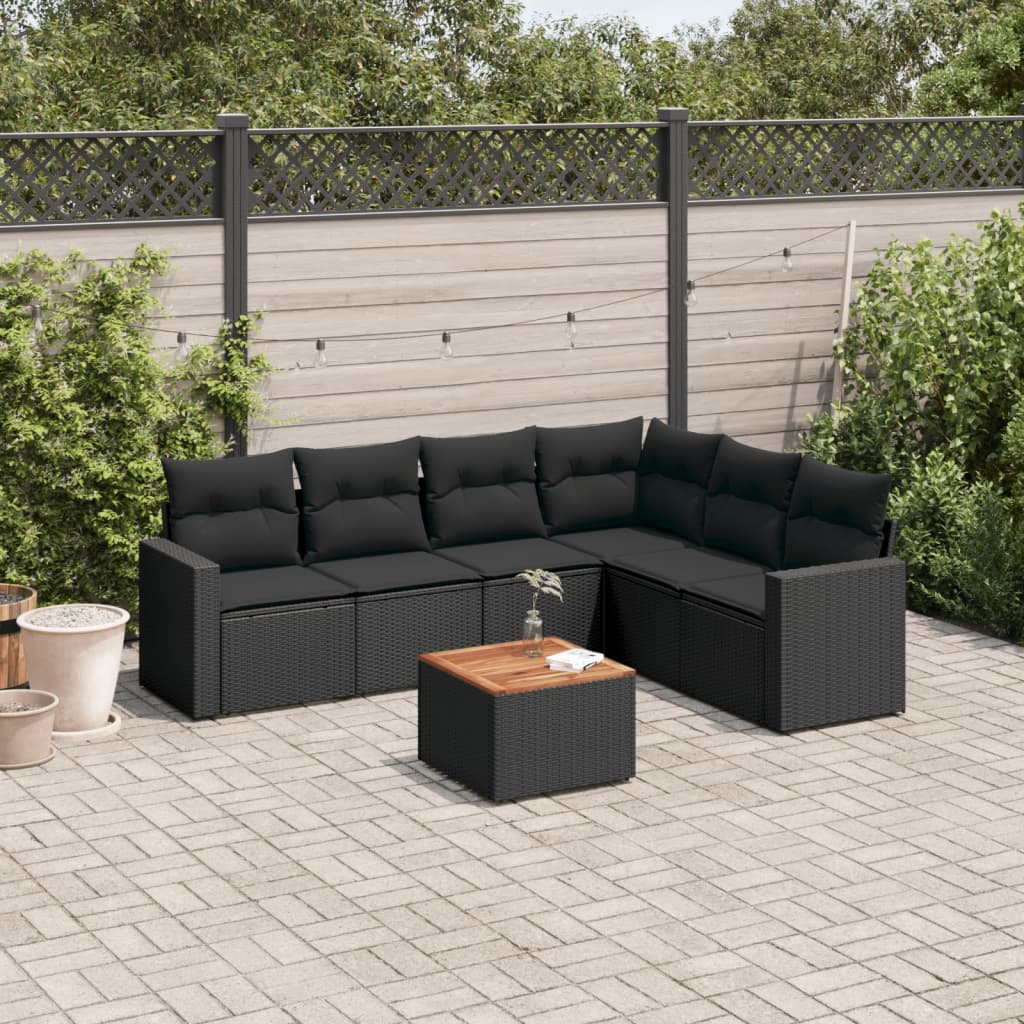 vidaXL 7-tlg. Garten-Sofagarnitur mit Kissen Schwarz Poly Rattan