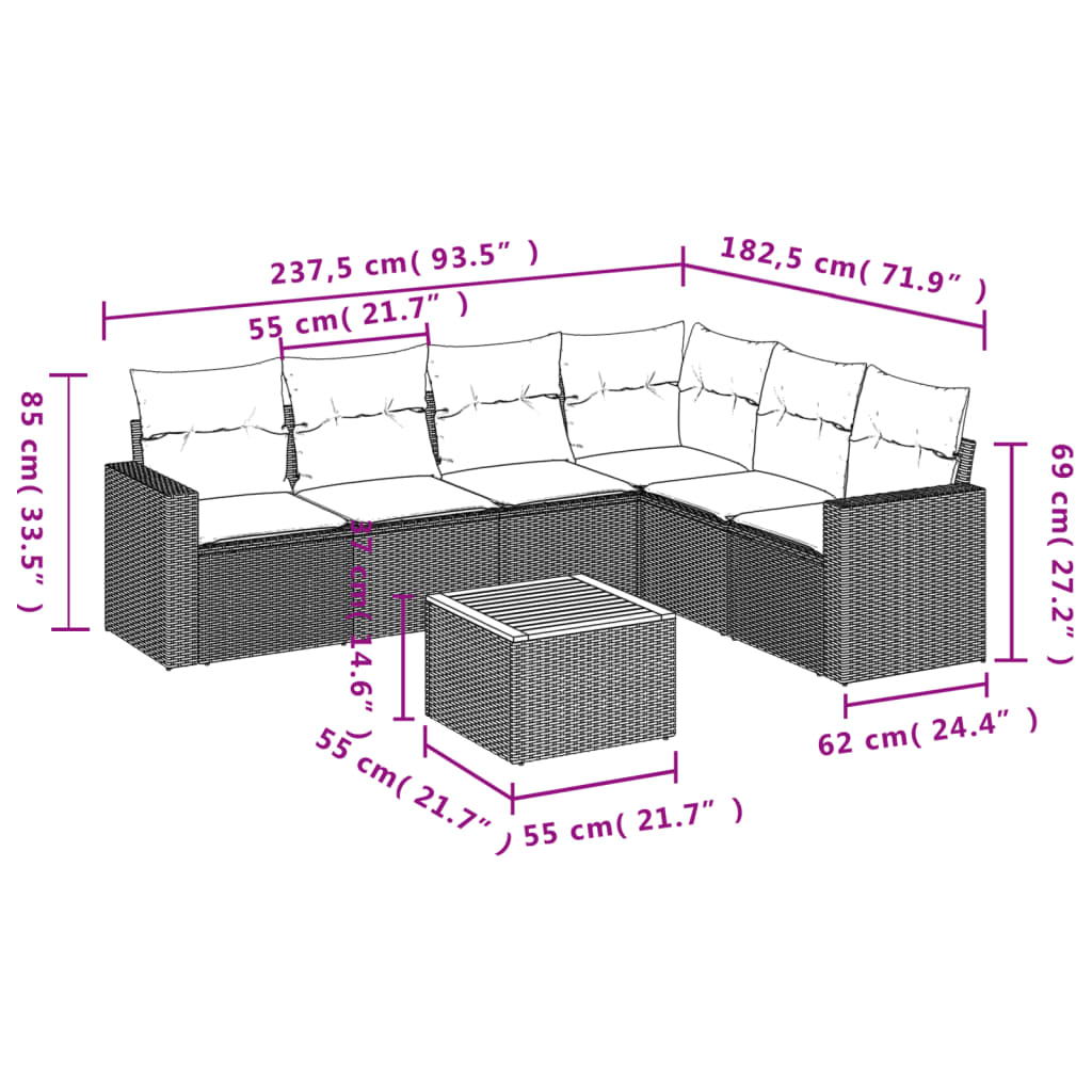 Zestaw wypoczynkowy ogrodowy czarny rattan PE, 7 poduszek, stolik, 62x62x69 cm