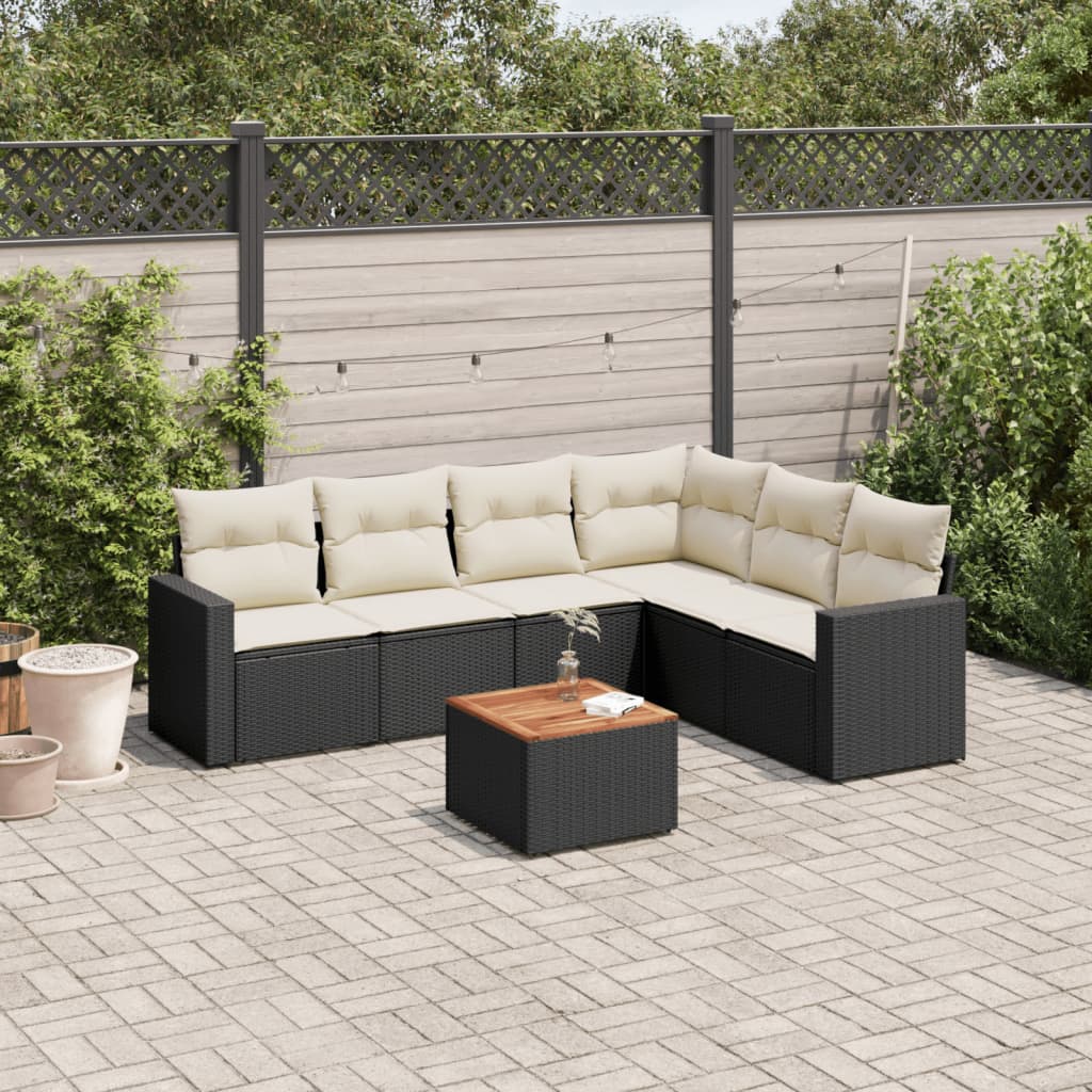 vidaXL 7-tlg. Garten-Sofagarnitur mit Kissen Schwarz Poly Rattan