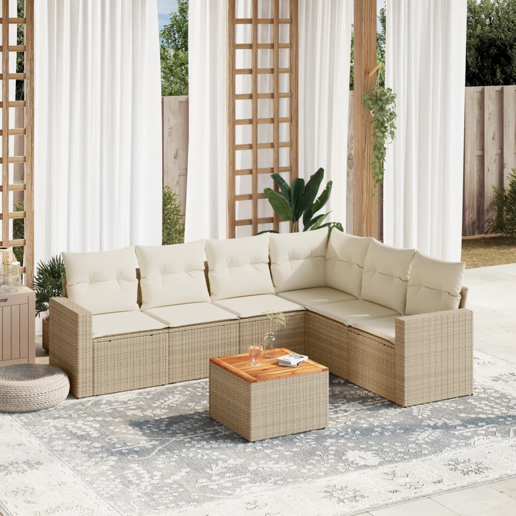 vidaXL 7-tlg. Garten-Sofagarnitur mit Kissen Beige Poly Rattan