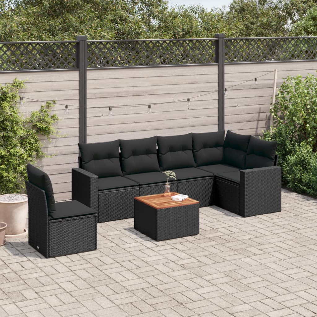 vidaXL 7-tlg. Garten-Sofagarnitur mit Kissen Schwarz Poly Rattan