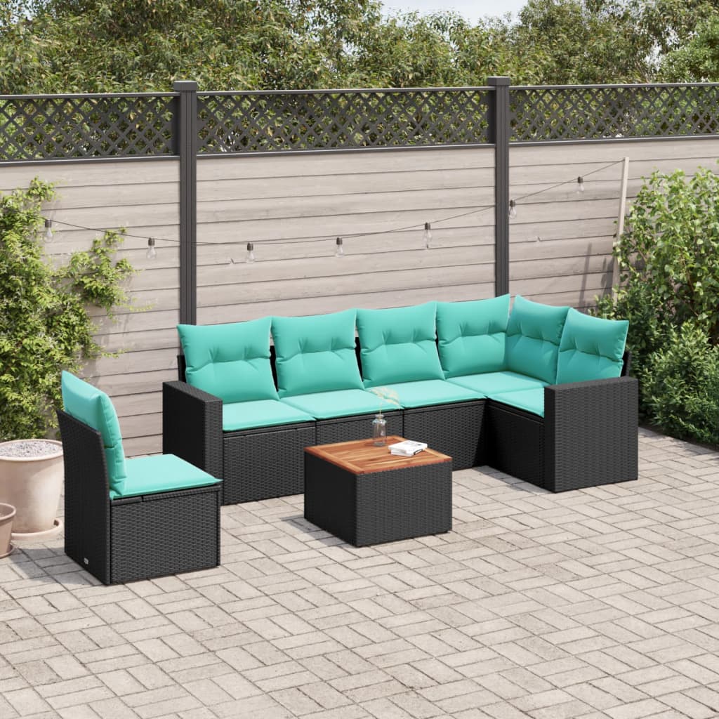 vidaXL 7-tlg. Garten-Sofagarnitur mit Kissen Schwarz Poly Rattan