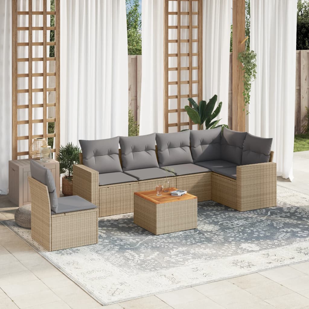 7-tlg. Garten-Sofagarnitur mit Kissen Beige Poly Rattan