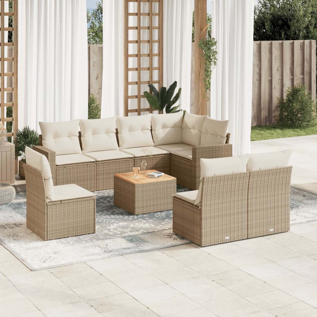 vidaXL 9-tlg. Garten-Sofagarnitur mit Kissen Beige Poly Rattan