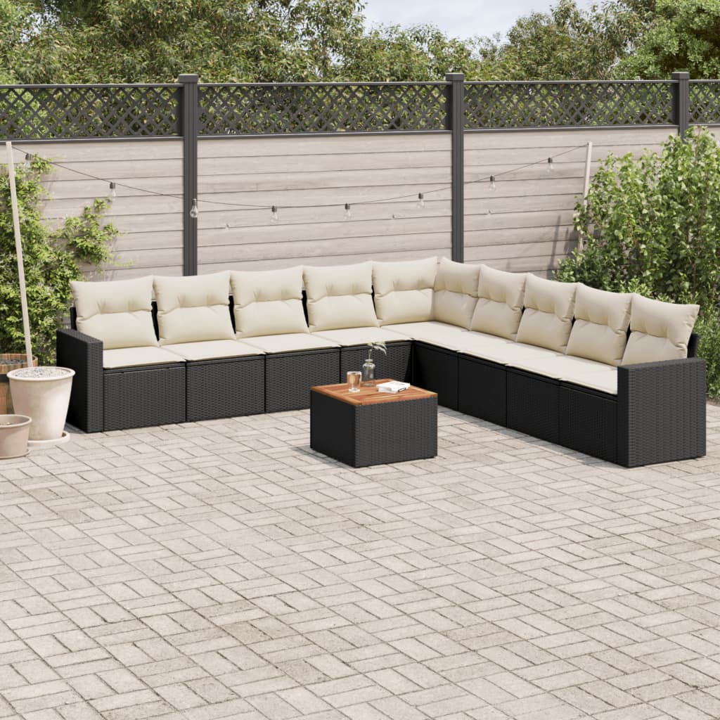 vidaXL 10-tlg. Garten-Sofagarnitur mit Kissen Schwarz Poly Rattan