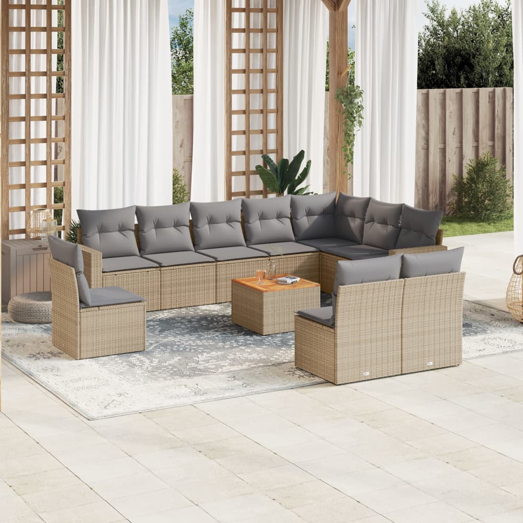 vidaXL 11-tlg. Garten-Sofagarnitur mit Kissen Beige Poly Rattan