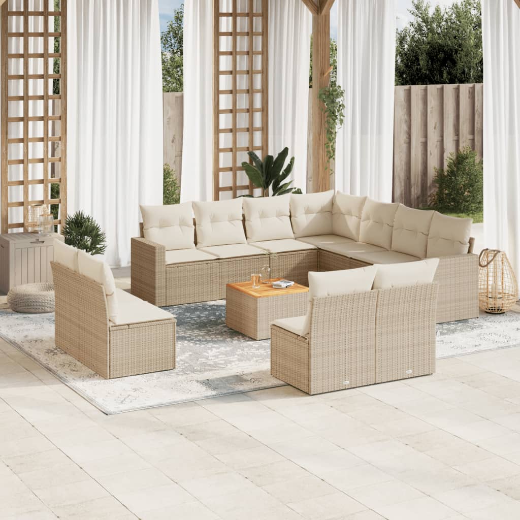 vidaXL 12-tlg. Garten-Sofagarnitur mit Kissen Beige Poly Rattan