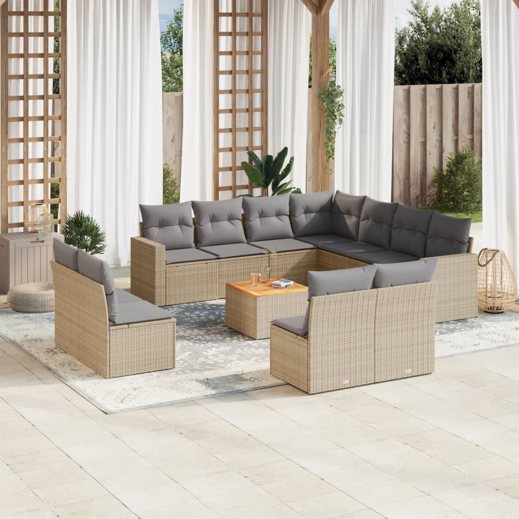 vidaXL 12-tlg. Garten-Sofagarnitur mit Kissen Beige Poly Rattan