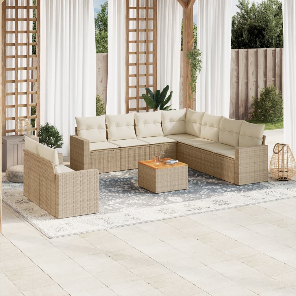 vidaXL 10-tlg. Garten-Sofagarnitur mit Kissen Beige Poly Rattan