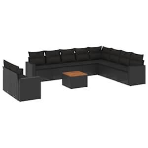 vidaXL 11-osaline aiadiivani komplekt patjadega, must, pol&uuml;rotang