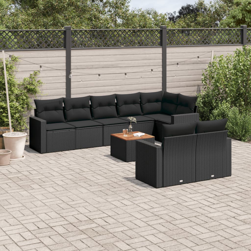 vidaXL 9-tlg. Garten-Sofagarnitur mit Kissen Schwarz Poly Rattan