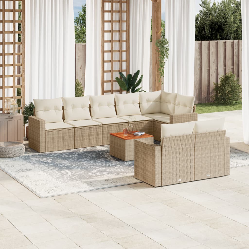 vidaXL 9-tlg. Garten-Sofagarnitur mit Kissen Beige Poly Rattan