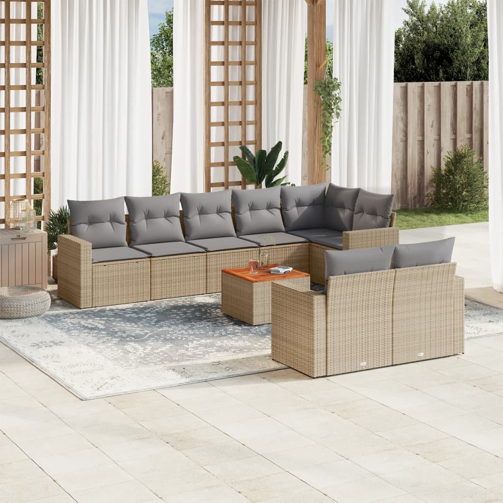 vidaXL 9-tlg. Garten-Sofagarnitur mit Kissen Beige Poly Rattan