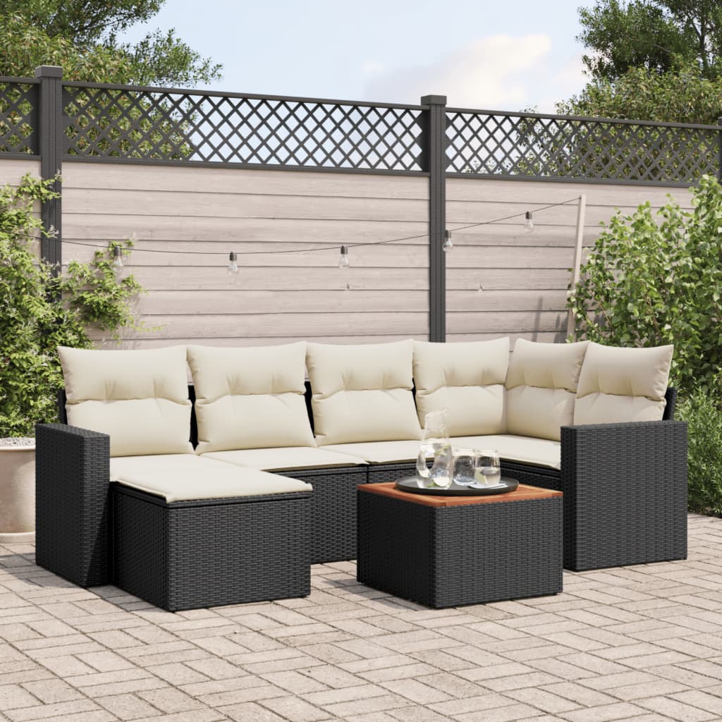 vidaXL 7-tlg. Garten-Sofagarnitur mit Kissen Schwarz Poly Rattan