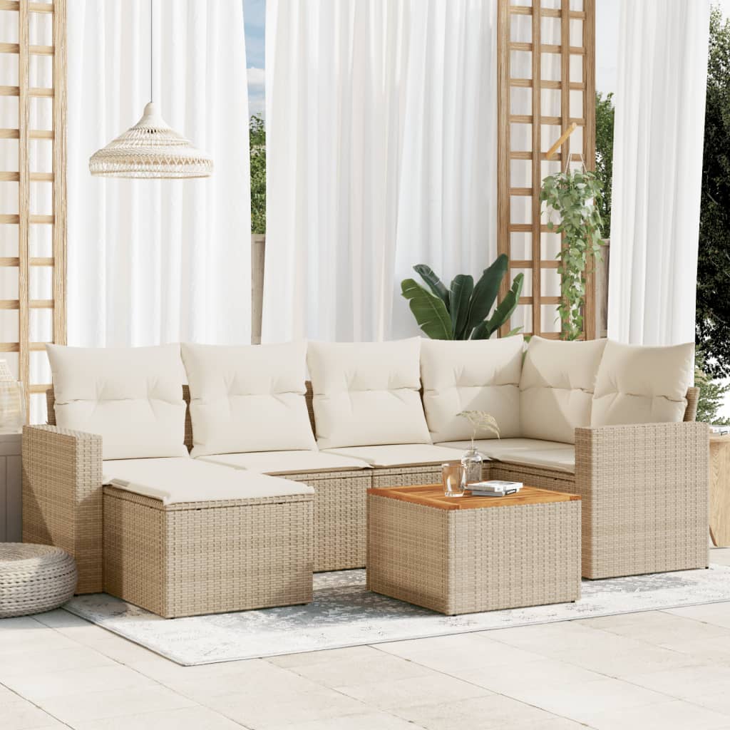 7-tlg. Garten-Sofagarnitur mit Kissen Beige Poly Rattan