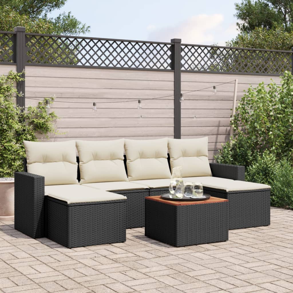 vidaXL 7-tlg. Garten-Sofagarnitur mit Kissen Schwarz Poly Rattan