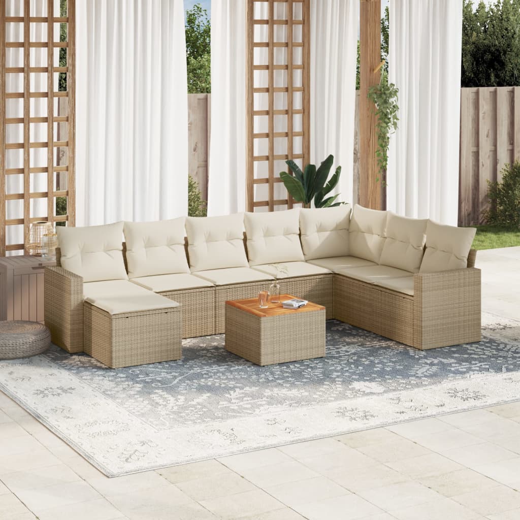 vidaXL 9-tlg. Garten-Sofagarnitur mit Kissen Beige Poly Rattan