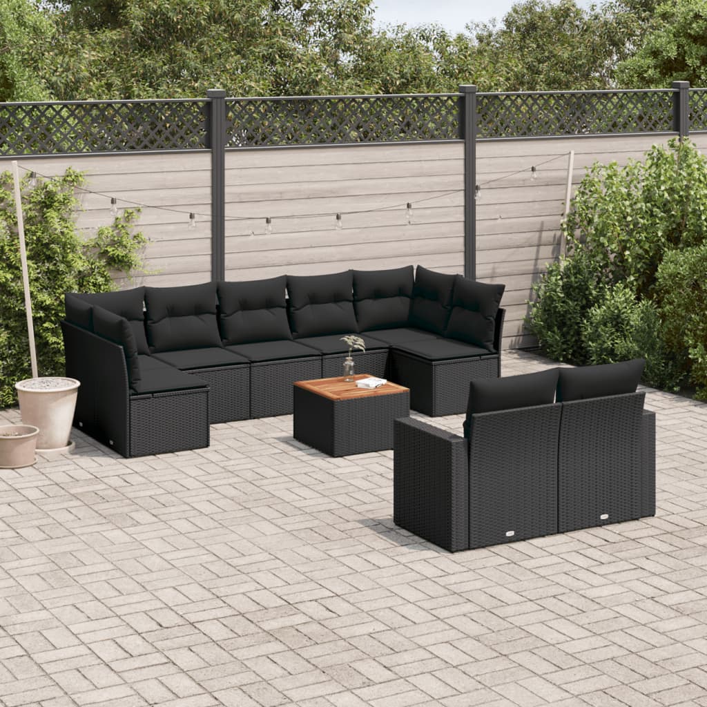 vidaXL 10-tlg. Garten-Sofagarnitur mit Kissen Schwarz Poly Rattan