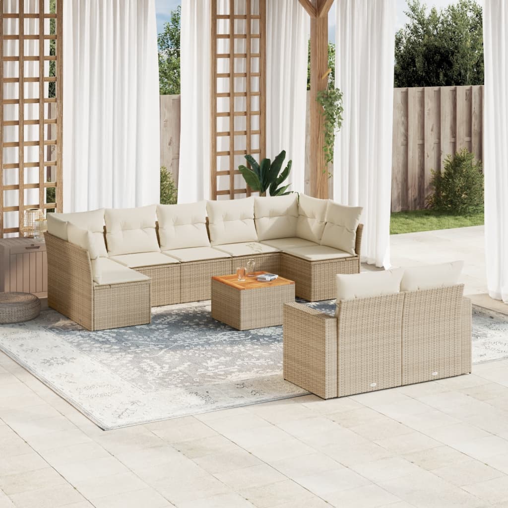 vidaXL 10-tlg. Garten-Sofagarnitur mit Kissen Beige Poly Rattan