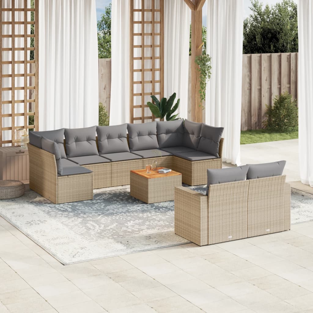 Havesofasæt 10 Dele Med Hynder Polyrattan - blandet beige og grå / 5x midterdel 2x hjørnedel bord