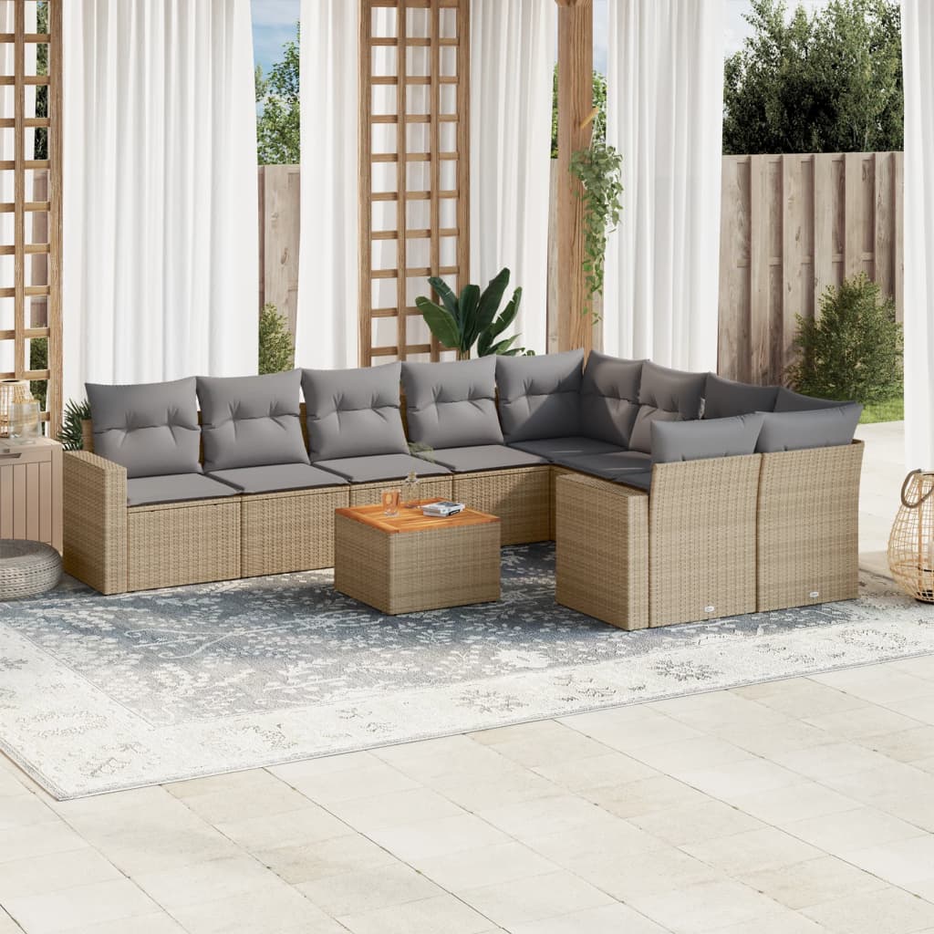 Havesofasæt 10 Dele Med Hynder Polyrattan - blandet beige og grå / bord 2x hjørnedel 5x midterdel