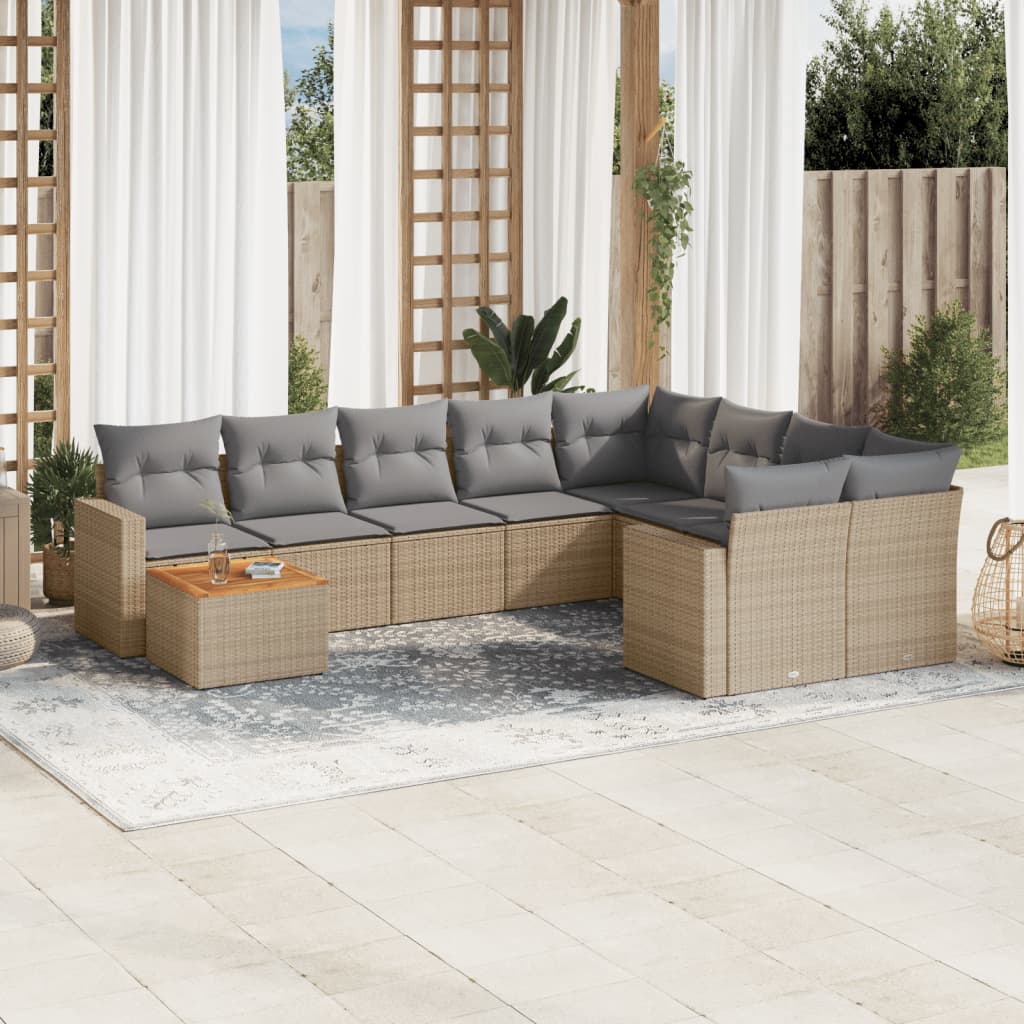 vidaXL 10-tlg. Garten-Sofagarnitur mit Kissen Beige Poly Rattan