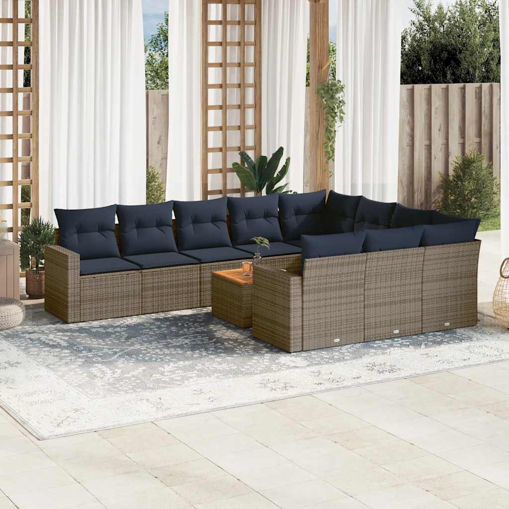 vidaXL 11-tlg. Garten-Sofagarnitur mit Kissen Grau Poly Rattan