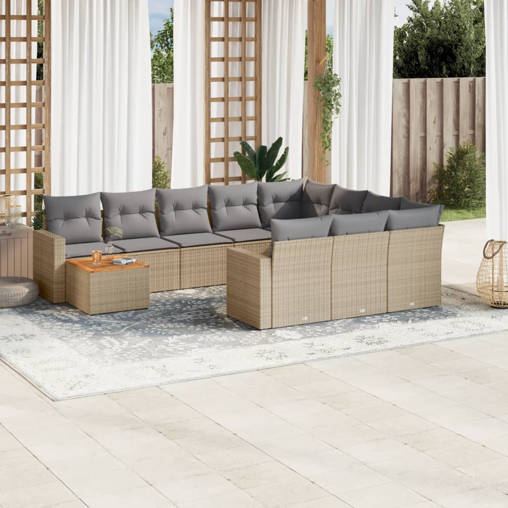 vidaXL 11-tlg. Garten-Sofagarnitur mit Kissen Beige Poly Rattan