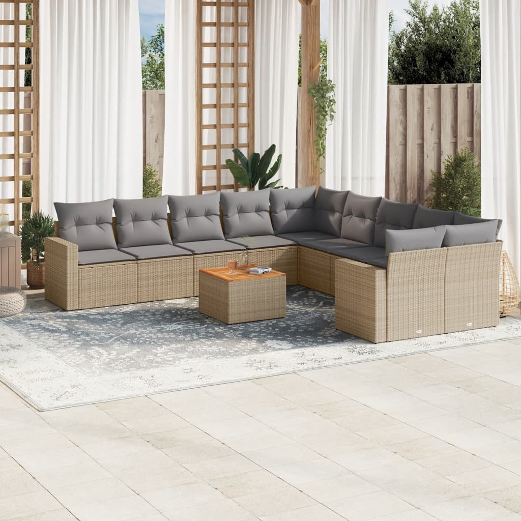 vidaXL 11-tlg. Garten-Sofagarnitur mit Kissen Beige Poly Rattan