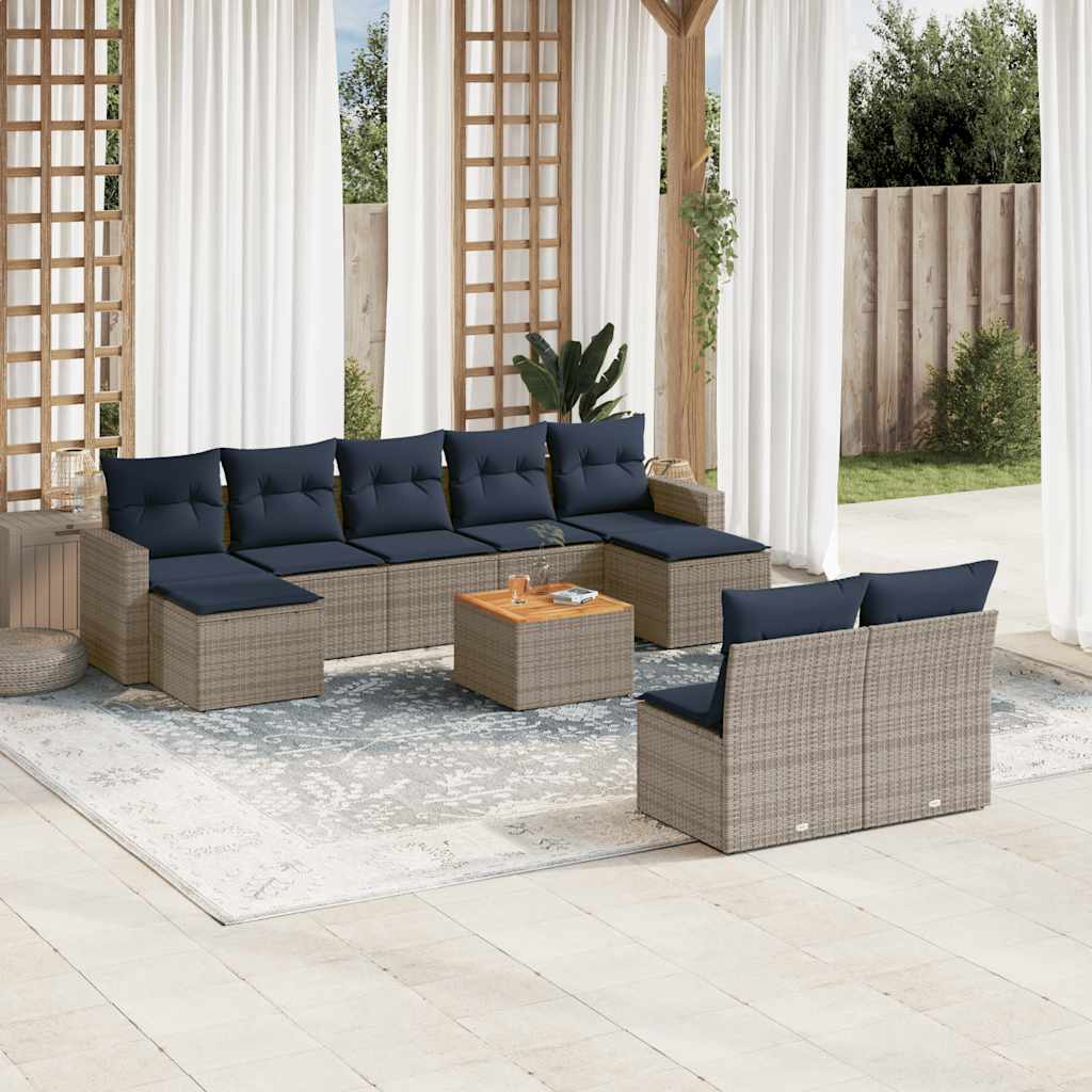 vidaXL 10-teiliges Gartensofa-Set mit Kissen, grau, Polyrattan