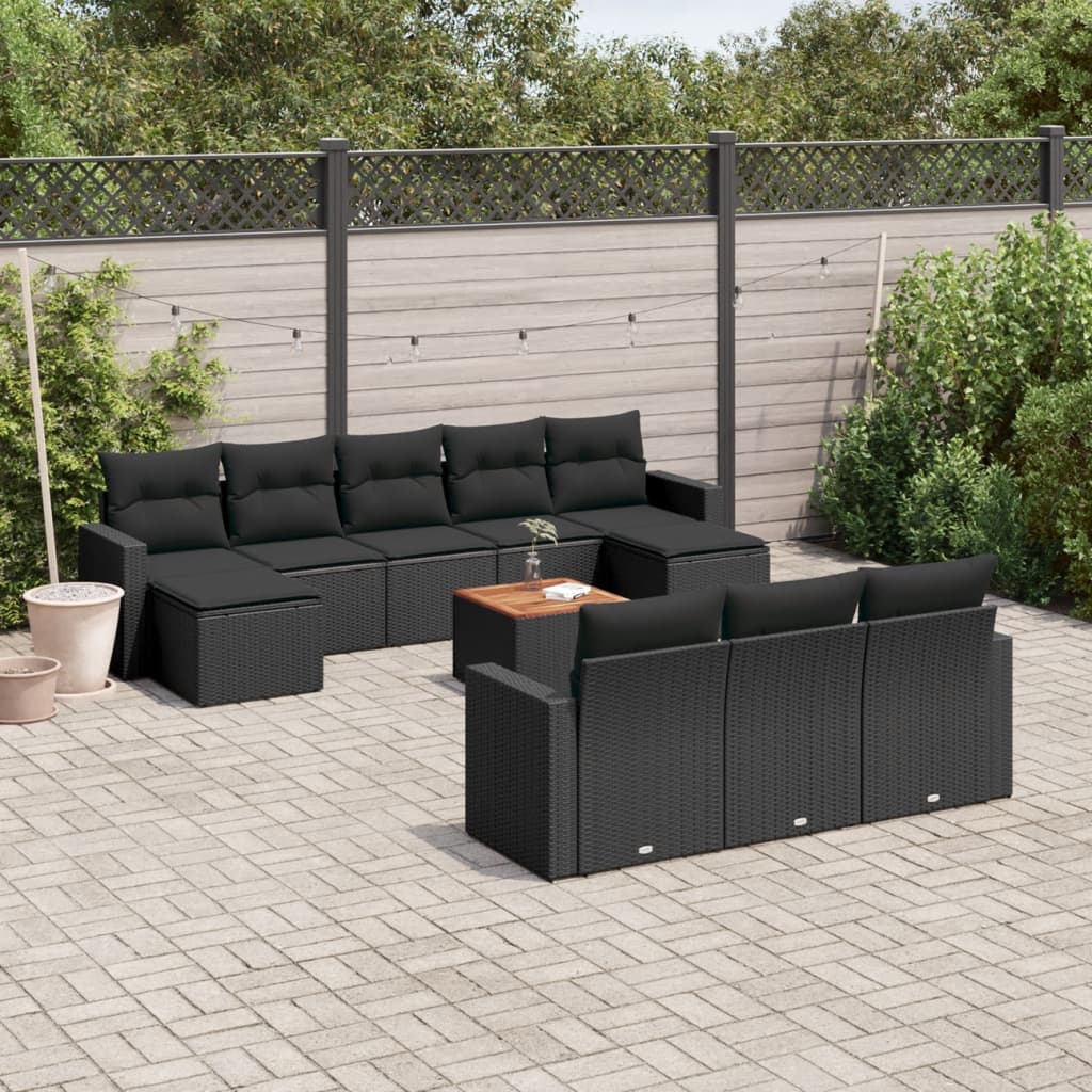 vidaXL 11-tlg. Garten-Sofagarnitur mit Kissen Schwarz Poly Rattan