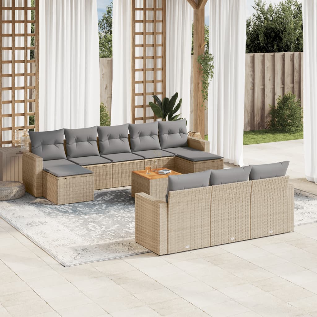 vidaXL 11-tlg. Garten-Sofagarnitur mit Kissen Beige Poly Rattan