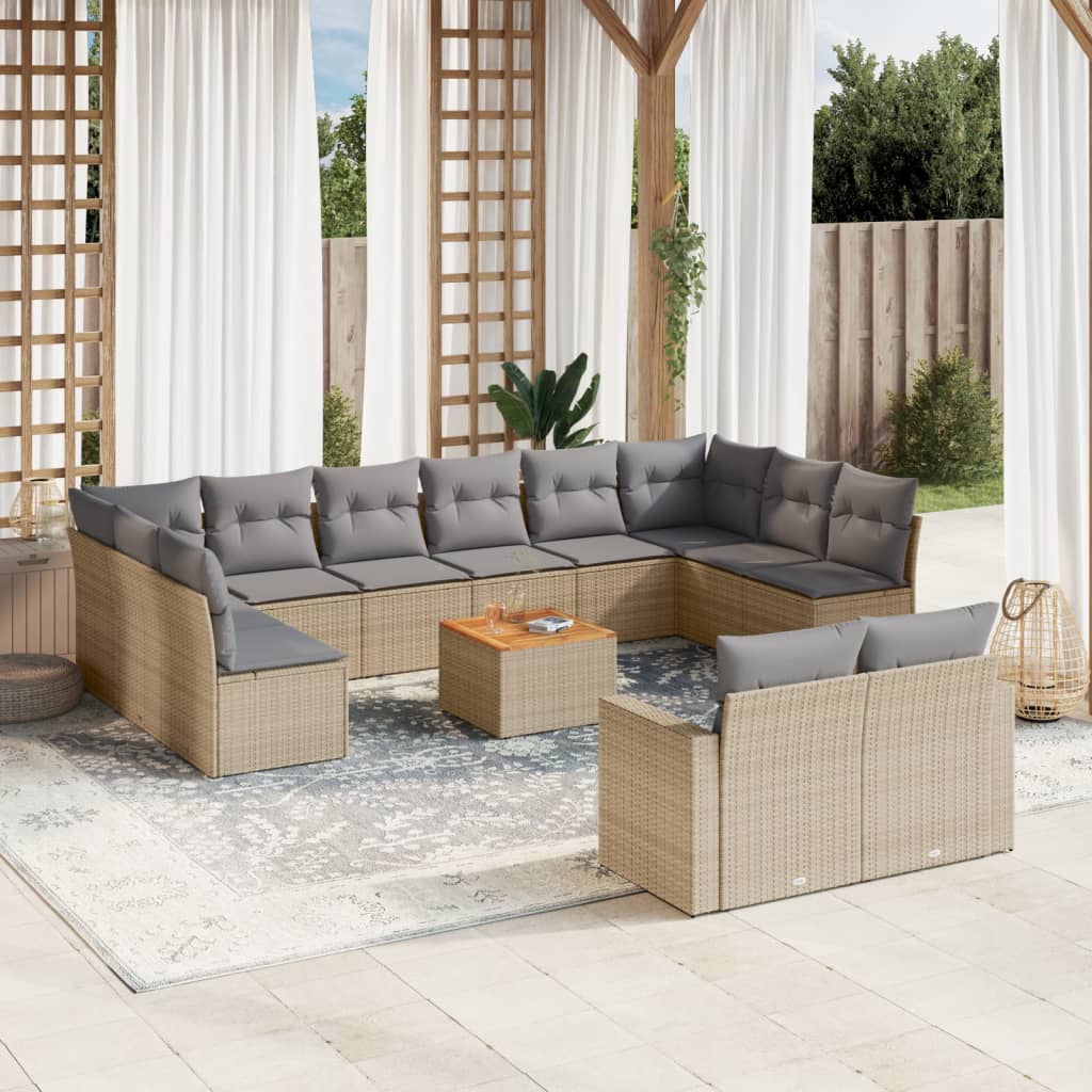 vidaXL 13-tlg. Garten-Sofagarnitur mit Kissen Beige Poly Rattan