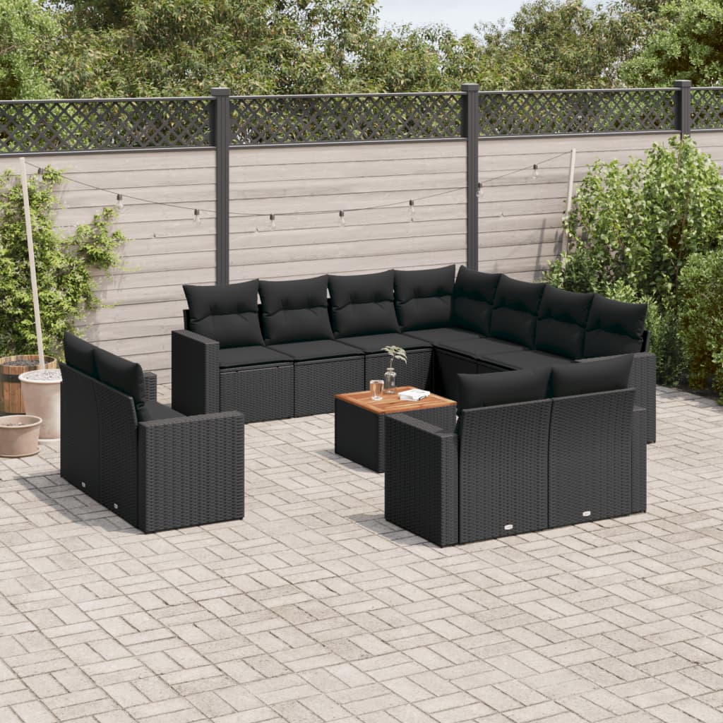 vidaXL 12-tlg. Garten-Sofagarnitur mit Kissen Schwarz Poly Rattan