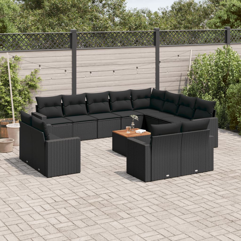 vidaXL 13-tlg. Garten-Sofagarnitur mit Kissen Schwarz Poly Rattan