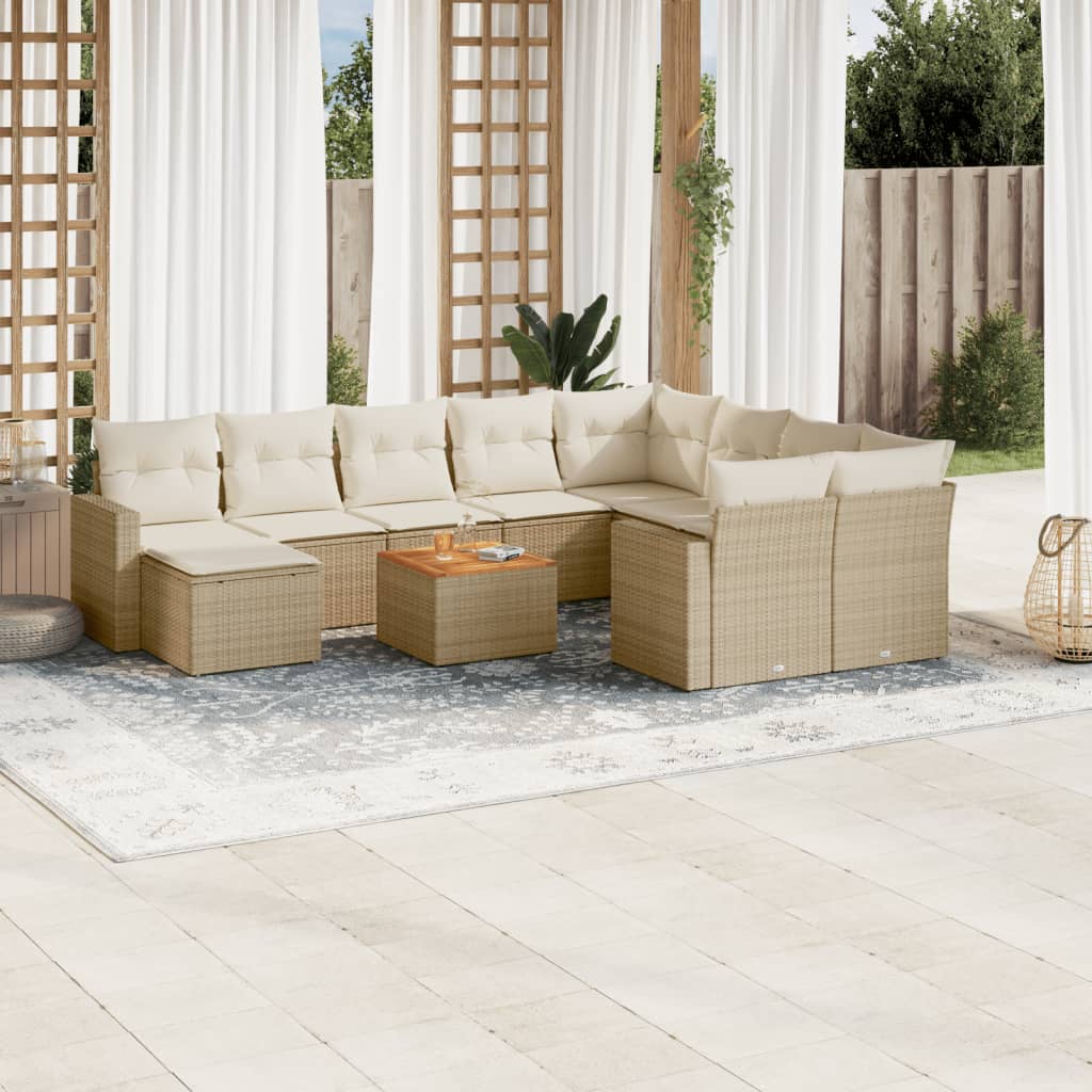 vidaXL 11-tlg. Garten-Sofagarnitur mit Kissen Beige Poly Rattan