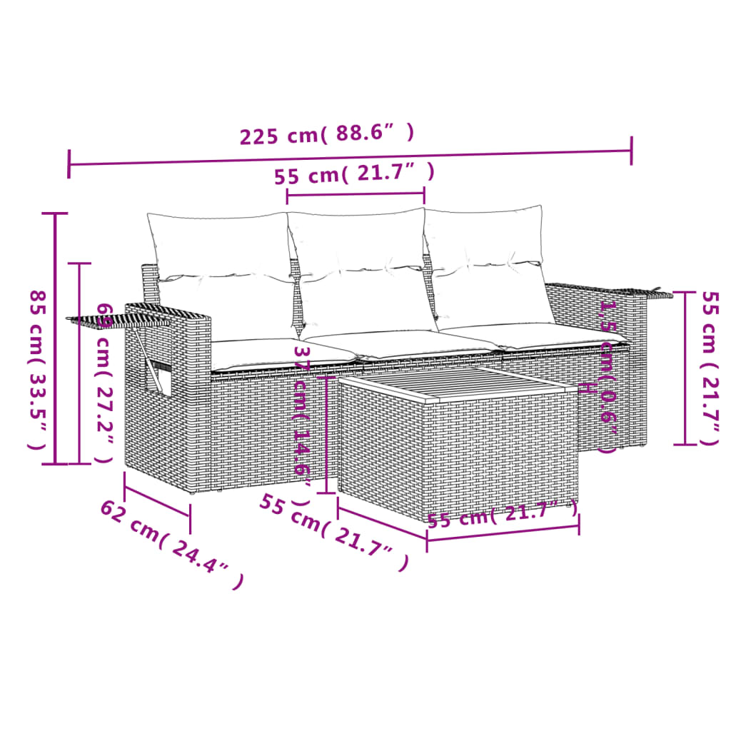 vidaXL 4-delige Loungeset met kussens poly rattan zwart afbeelding
