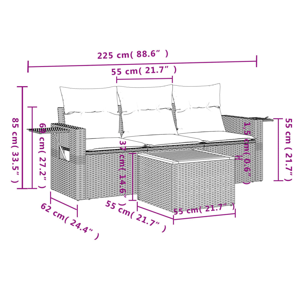 vidaXL 4-delige Loungeset met kussens poly rattan grijs afbeelding