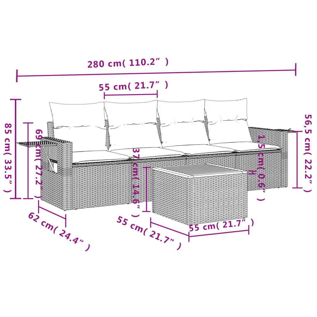Set mobilier de grădină cu perne, 5 piese, negru, poliratan 3256770 - imagine 3