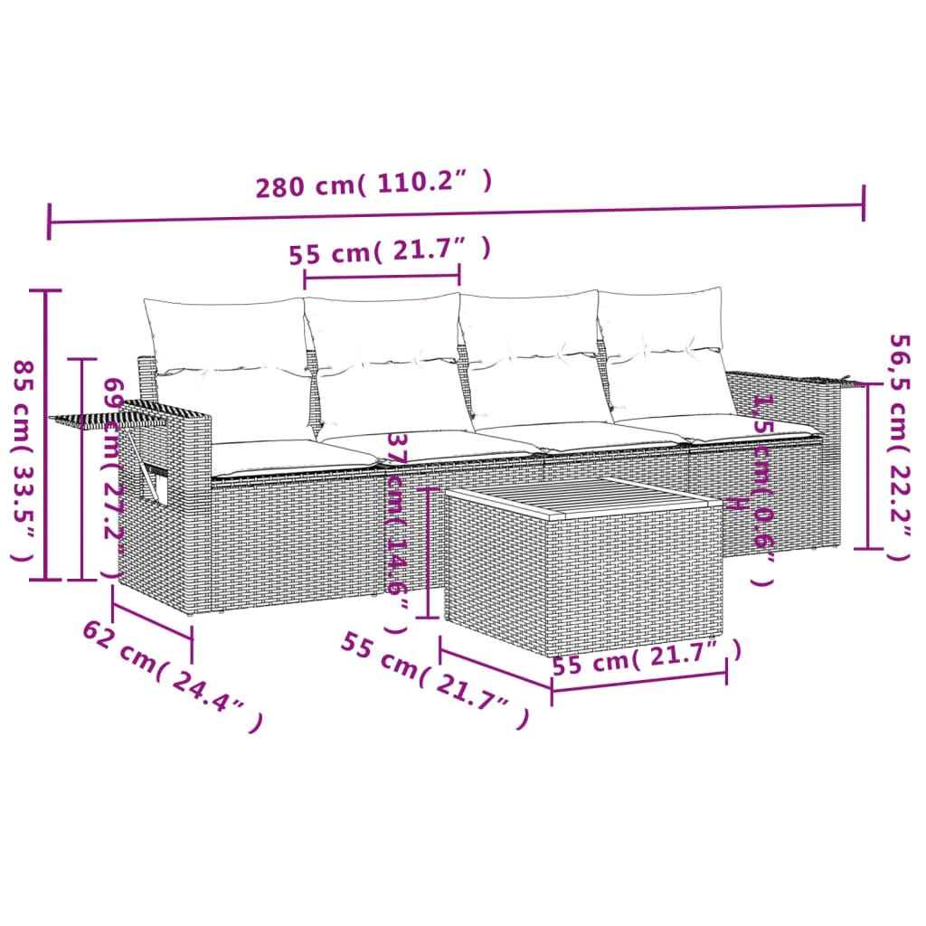 vidaXL 5-delige Loungeset met kussens poly rattan beige afbeelding